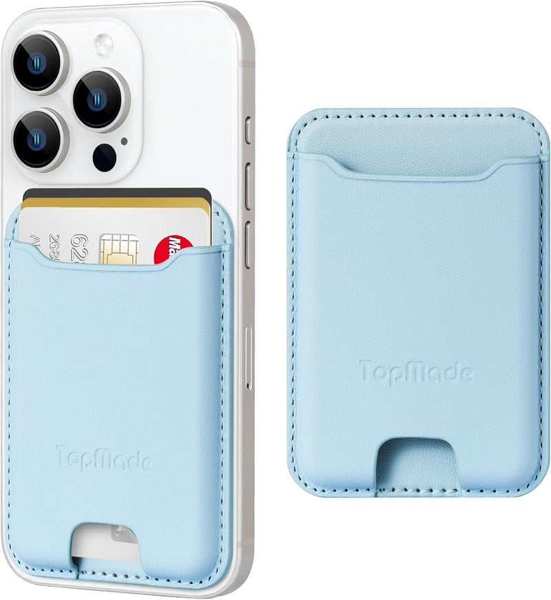 TopMade Phone Card Holder, Premium Leather Phone Wallet Stick on, Stronger 3M Adhesive Credit Card Holder for Back of Phone Case, iPhone, Samsung, and Android, RFID Blocking, Fit 4 Cards, Sky Blue - Image 1